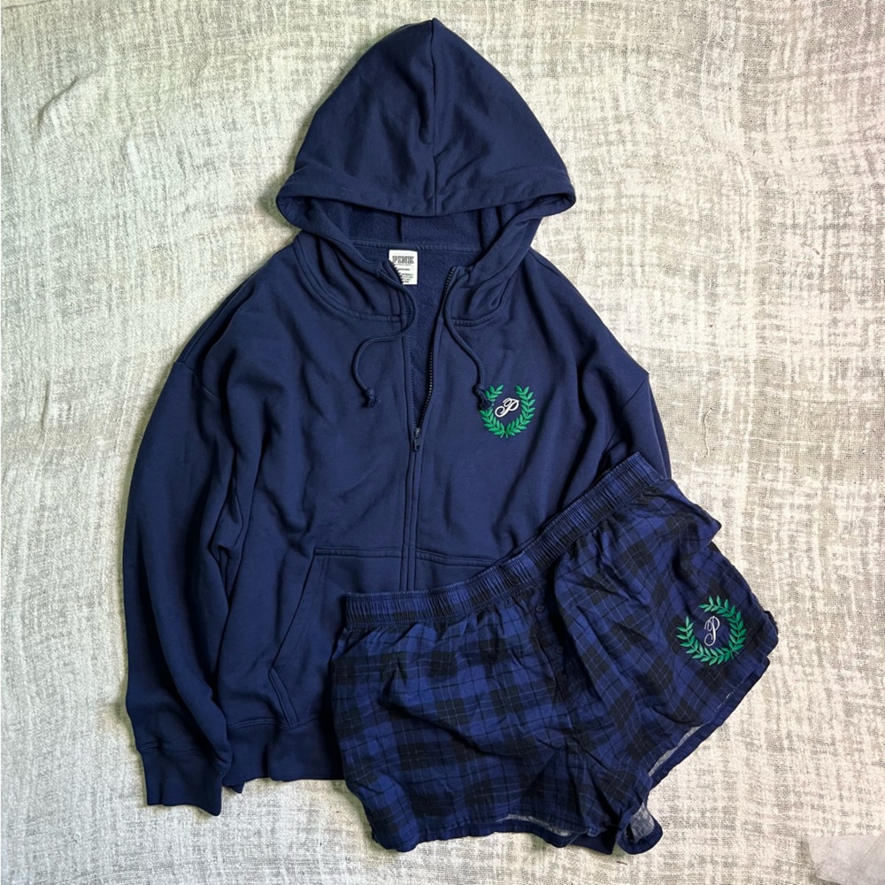 PINK Victoria's Secret • Navy Blue Hoodie and Boxer Set • Size L XL